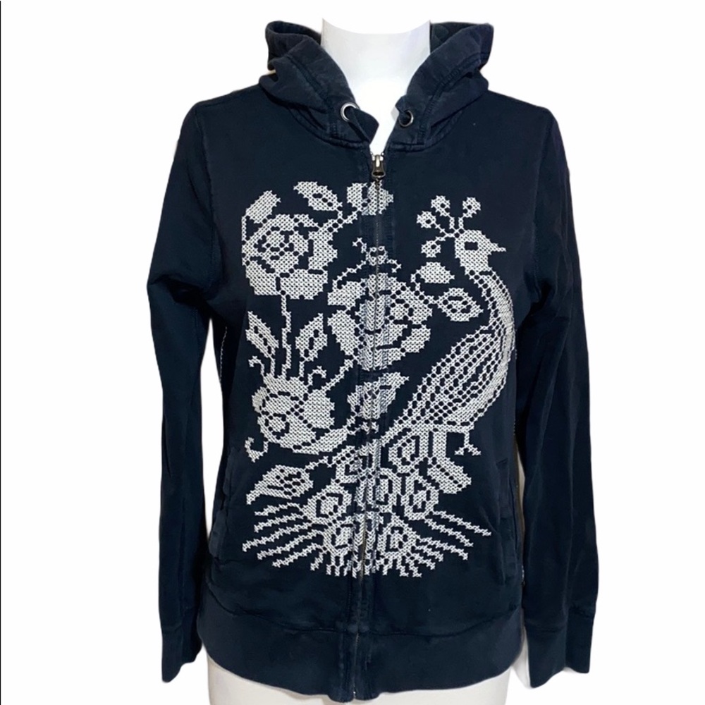 Lucky Embroidered Peacock Zip Up Hoodie Vintage